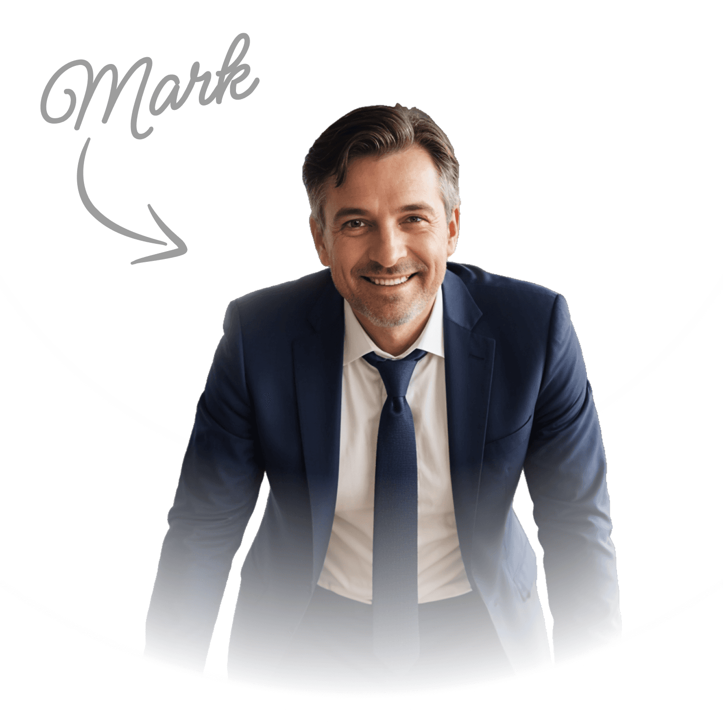 Smiling business professional in a navy suit and tie posing with confidence.