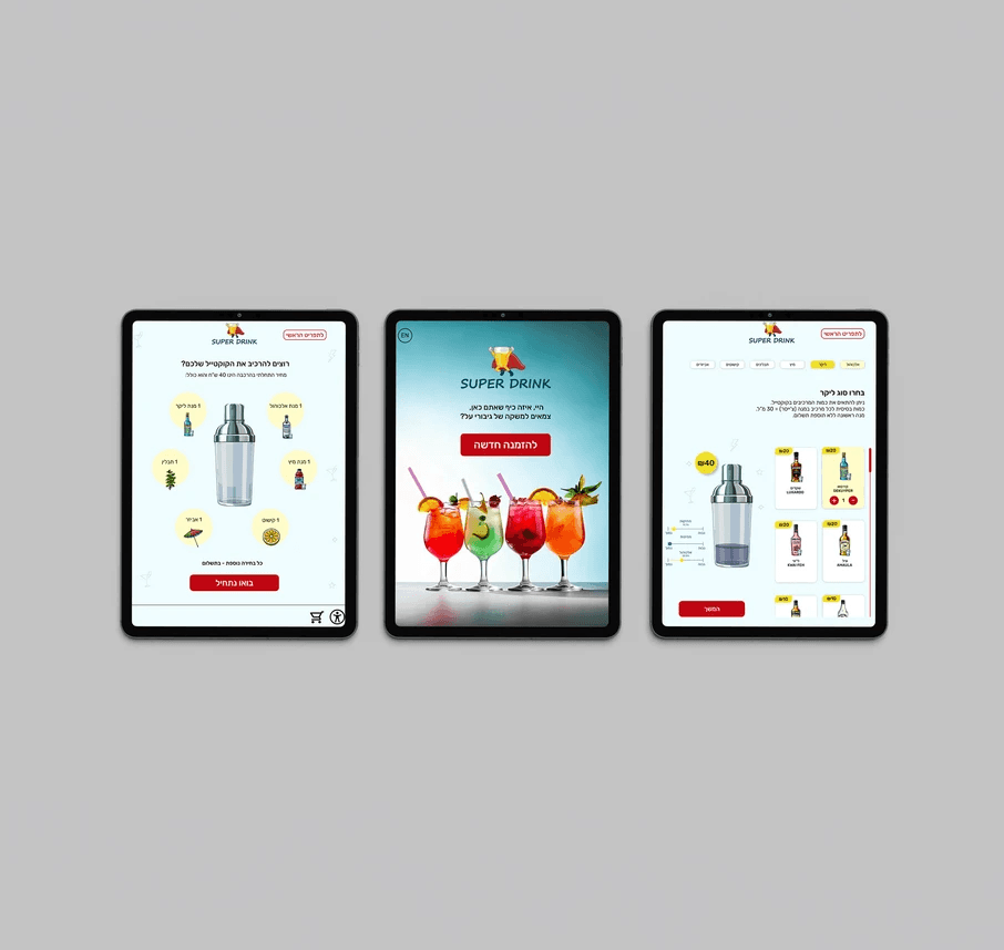 Digital cocktail ordering interface mockup showing three screens