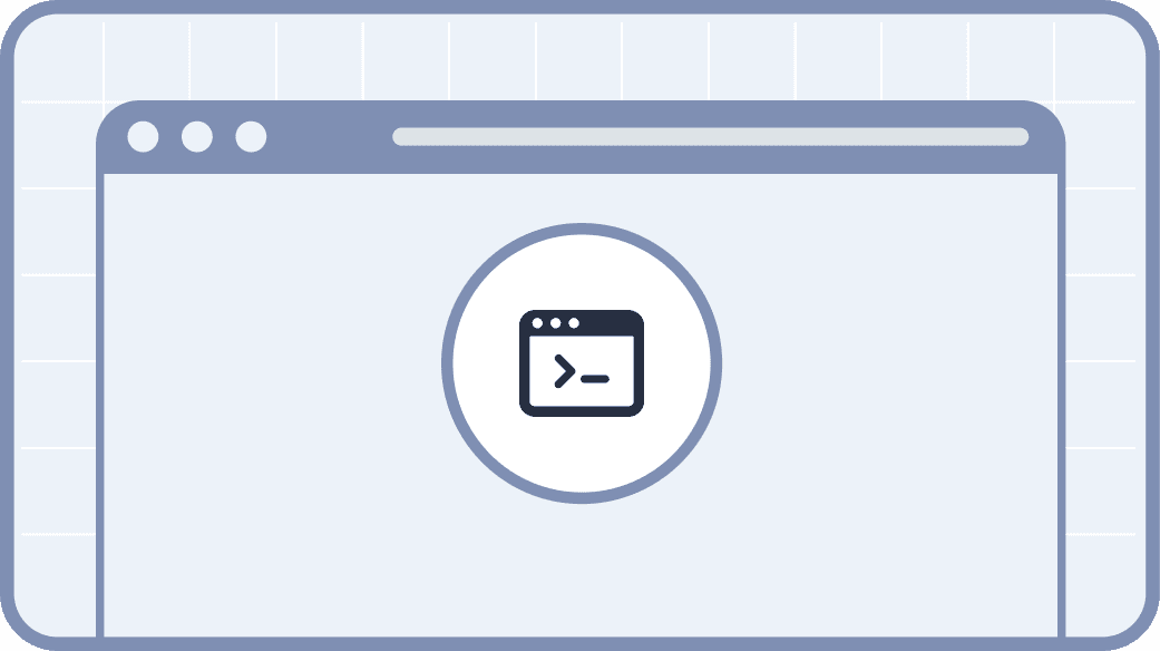 A digital illustration of a web browser window icon with a command-line terminal symbol in the center, set against a soft blue, grid-patterned background, representing web development and coding concepts.