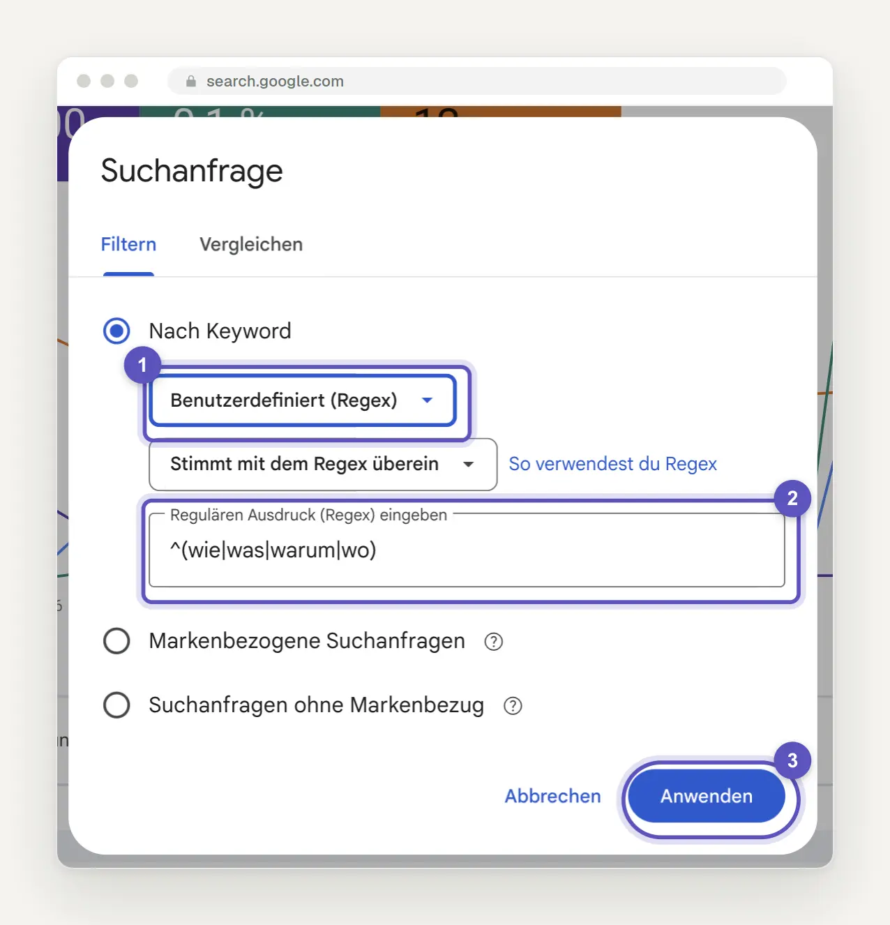Filter dialog search query in Search Console with the "Custom (Regex)" option selected and the pattern ^(how|what|why|where).