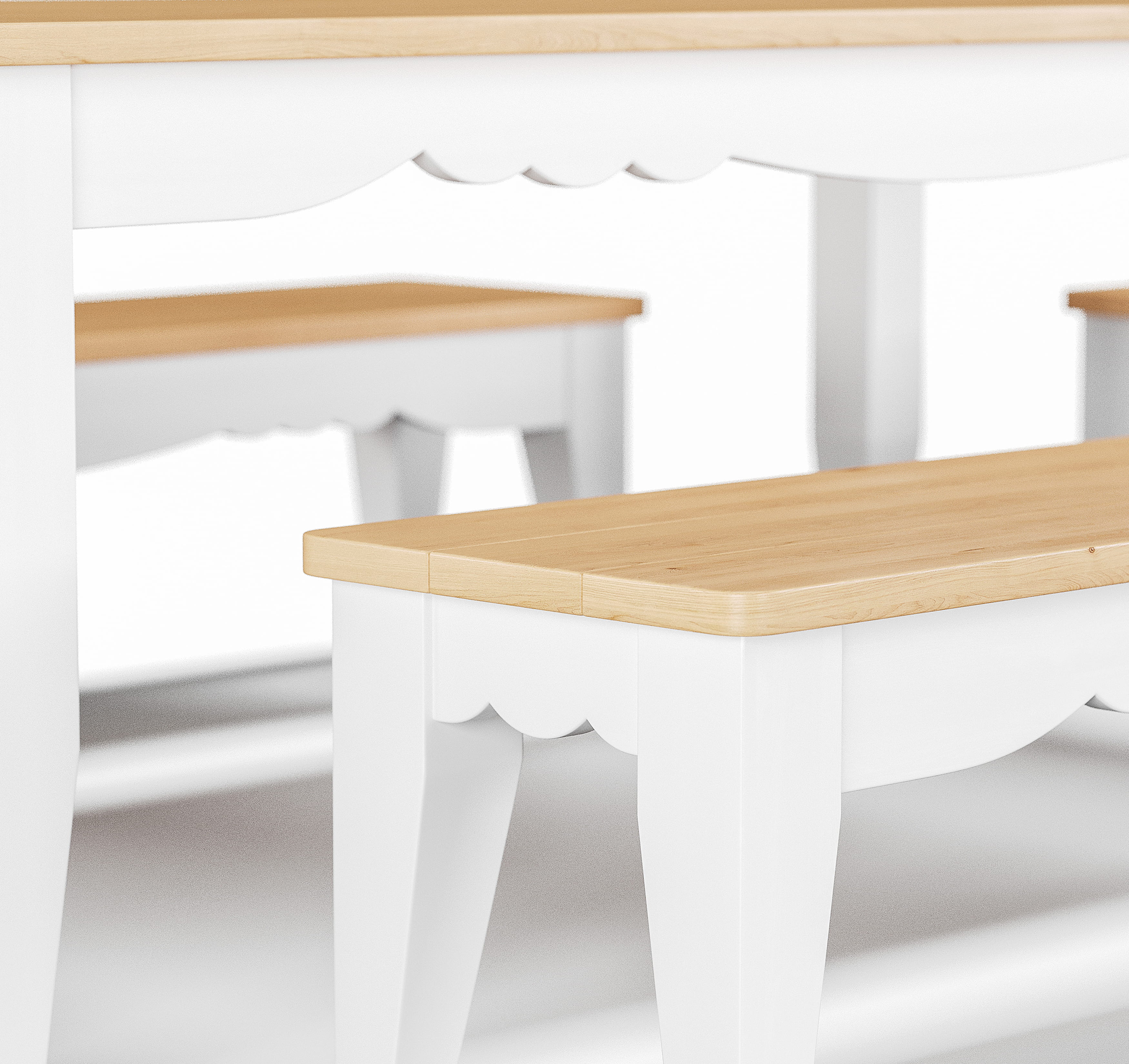 Close-up of wooden table edge and white bench detail, material texture focus
