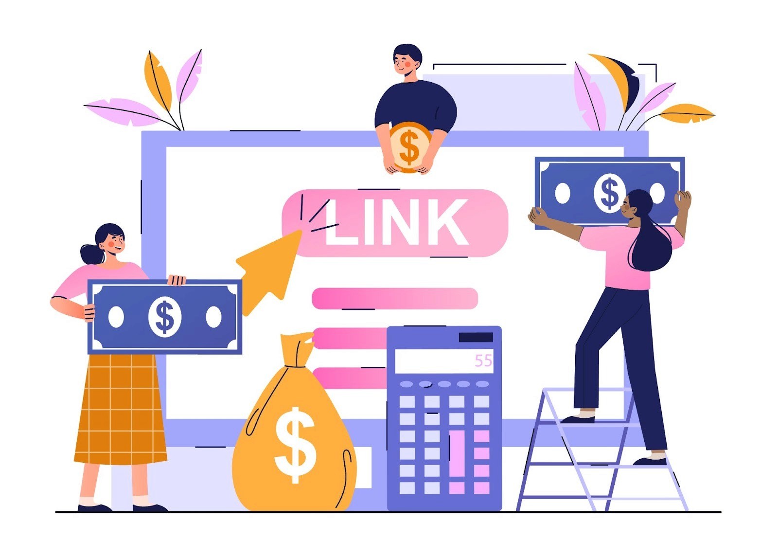 Illustration of people holding money around a link button and calculator, representing affiliate marketing payments and creator commission tracking