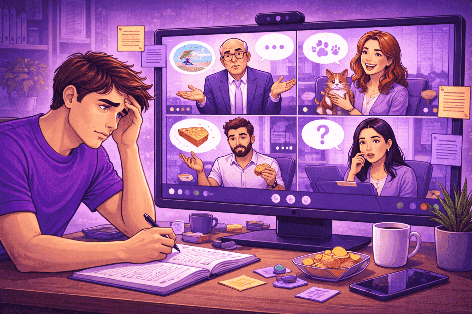 Frustrated employee attending a chaotic virtual meeting where participants discuss random topics without a clear agenda.
