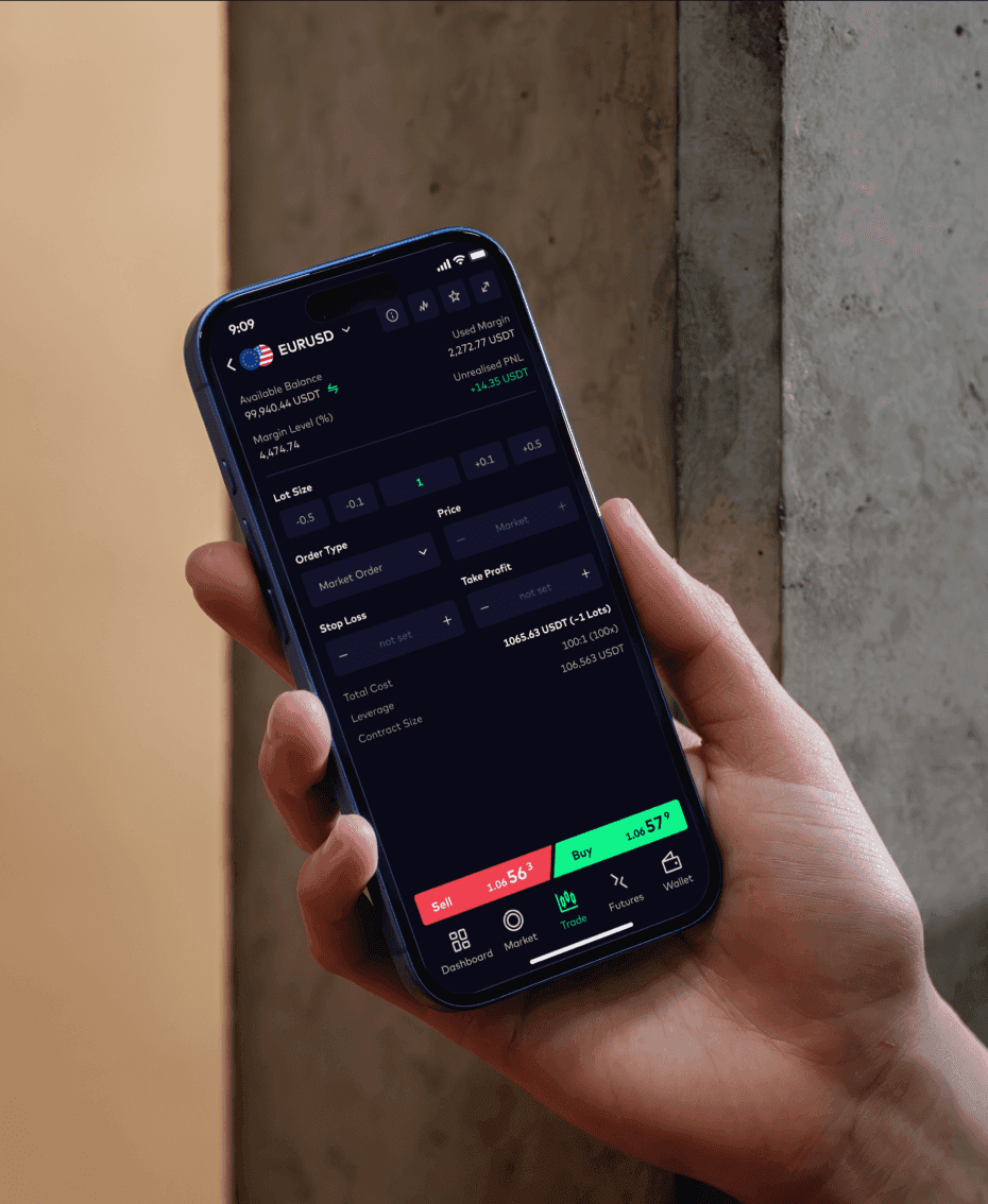 iPhone mockup of Bitazza’s CFD and Forex trading interface. The UI design focuses on precision, showing real-time spreads for EUR/USD pairs, margin levels, and a streamlined order entry flow for professional FX traders.
