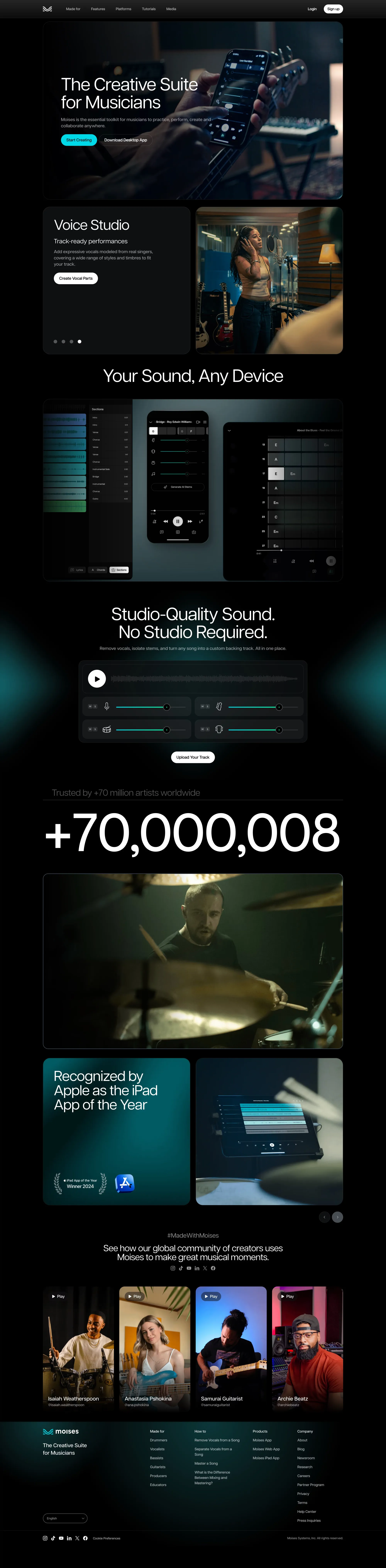 Moises App: The Musician's App landing page screenshot showcasing Music and Tech design