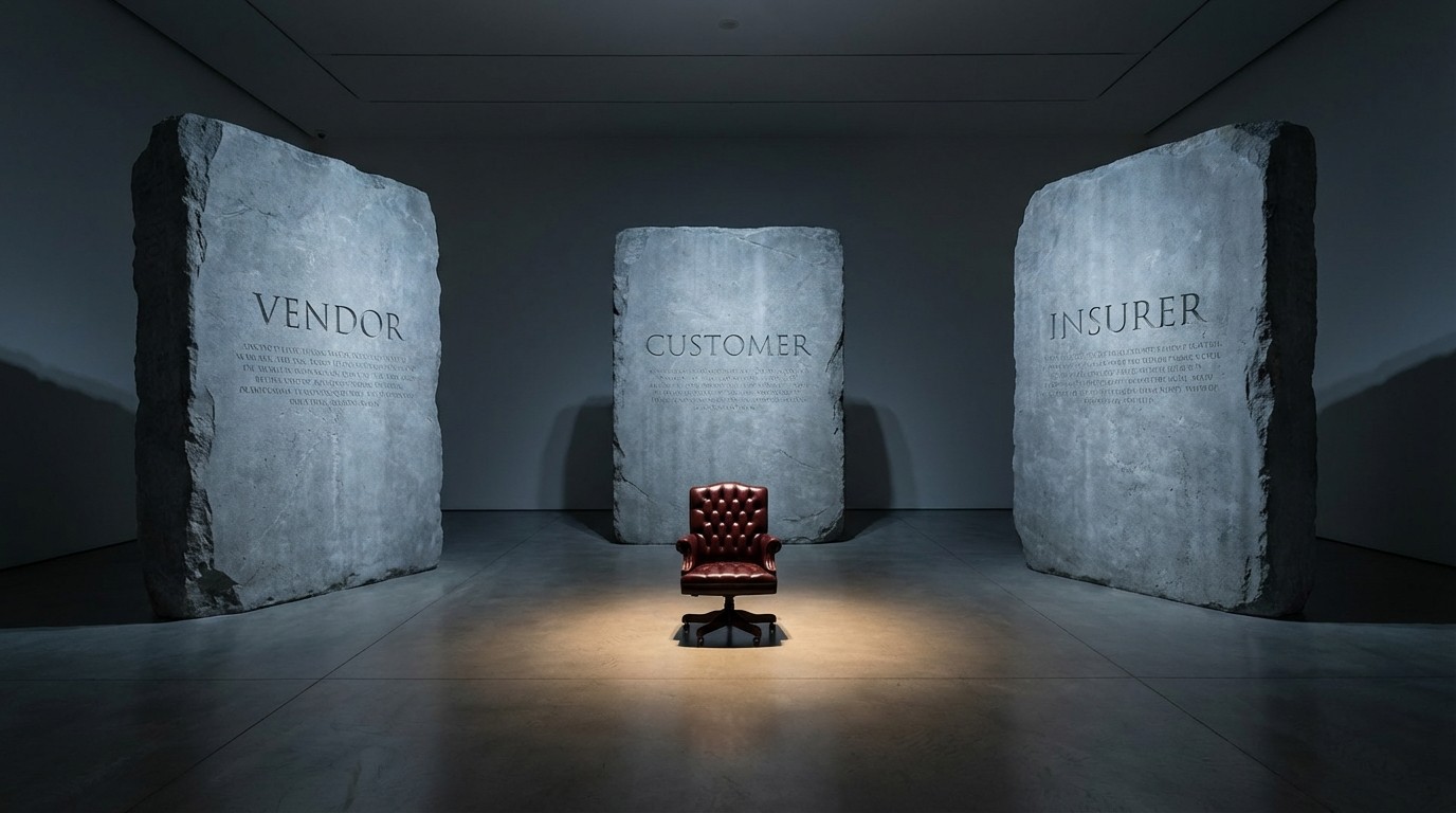 A wide museum-gallery shot of three enormous stone tablets standing upright in a loose triangle, not quite touching. In the triangular gap of empty floor between them, a single spotlit office chair sits alone. Faint engraved labels read "vendor," "customer," and "insurer" — a visual metaphor for the business leader standing in the unprotected gap between three contracts that never quite meet.