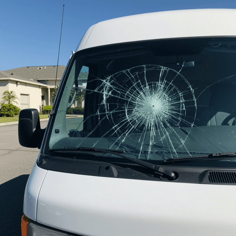 Fleet vehicle windshield damage in industry park.