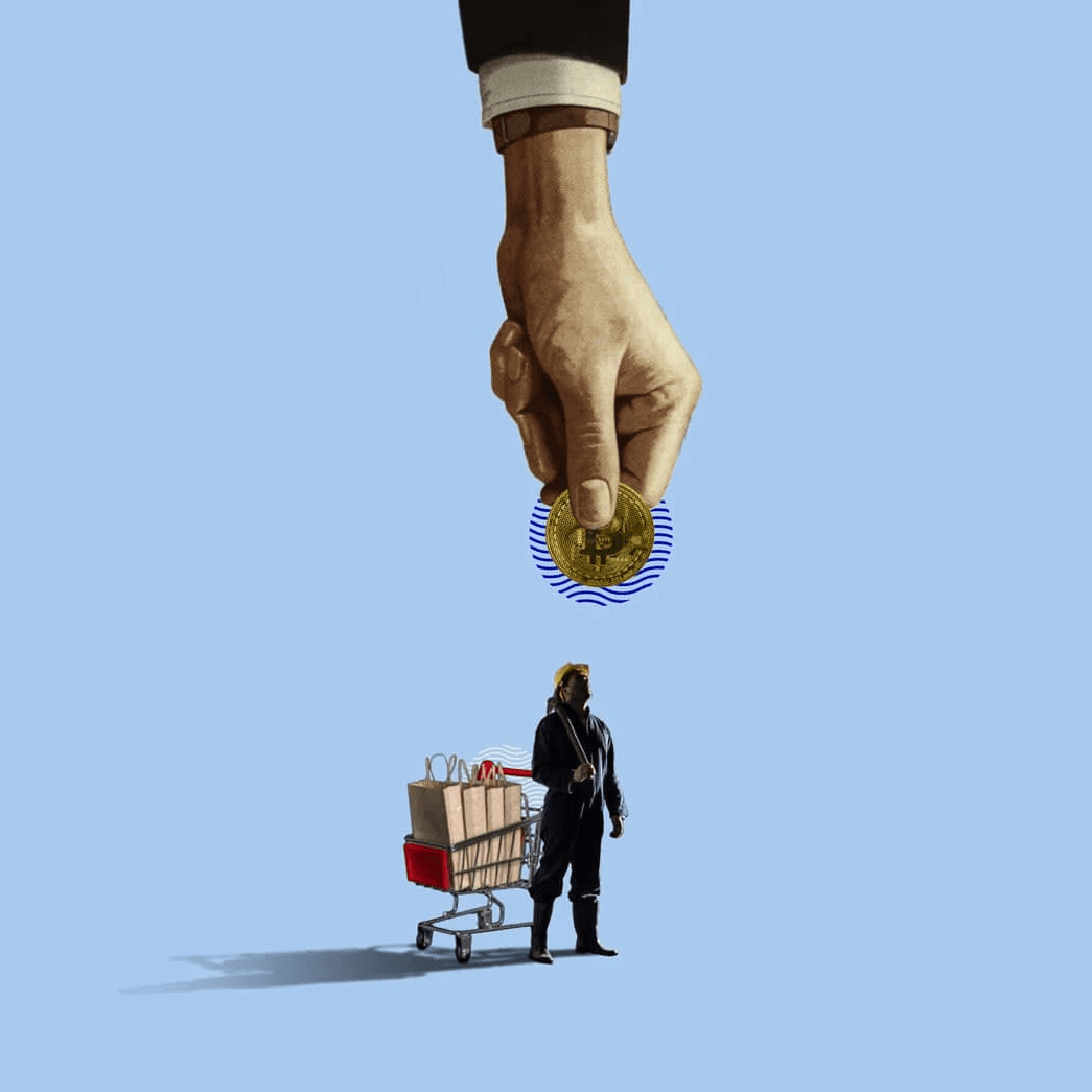 Mano gigante sosteniendo moneda sobre persona con carrito de compras.