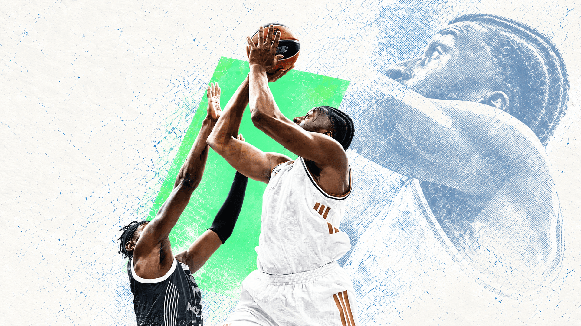 A Dubai Basketball player in white attempts a shot over a defender in black in a cream editorial collage.