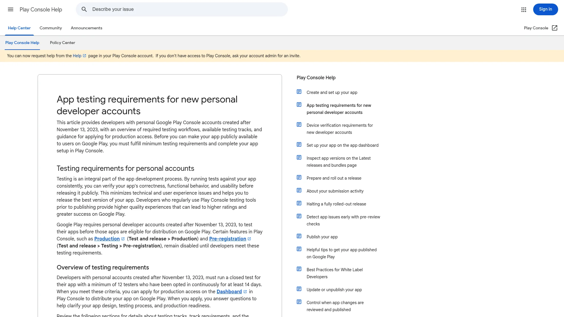 Google Play Console help page on testing requirements for new personal developer accounts