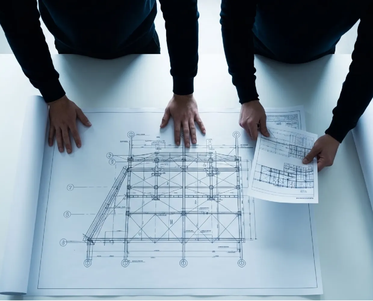 Structural steel fabrication drawings reviewed by engineers for project planning and execution accuracy