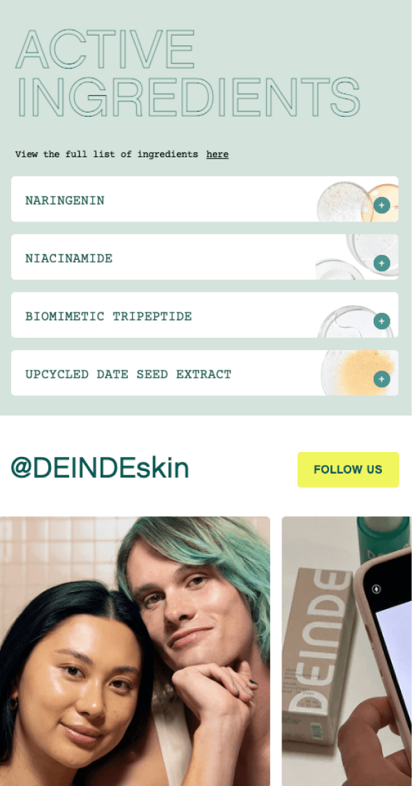 Mobile ingredient education section highlighting active skincare ingredients