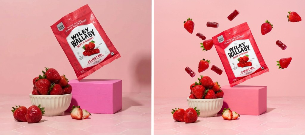 Side by side comparision of Dynamic product photo of a Wiley Wallaby strawberry licorice bag surrounded by floating strawberries and licorice pieces against a pastel pink studio background.