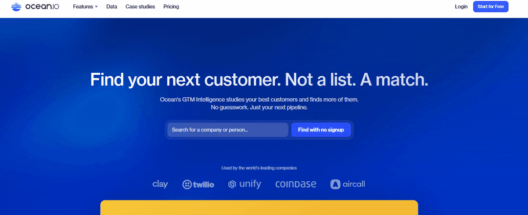 Ocean.io hero inviting a company search, with customer logos under the search field