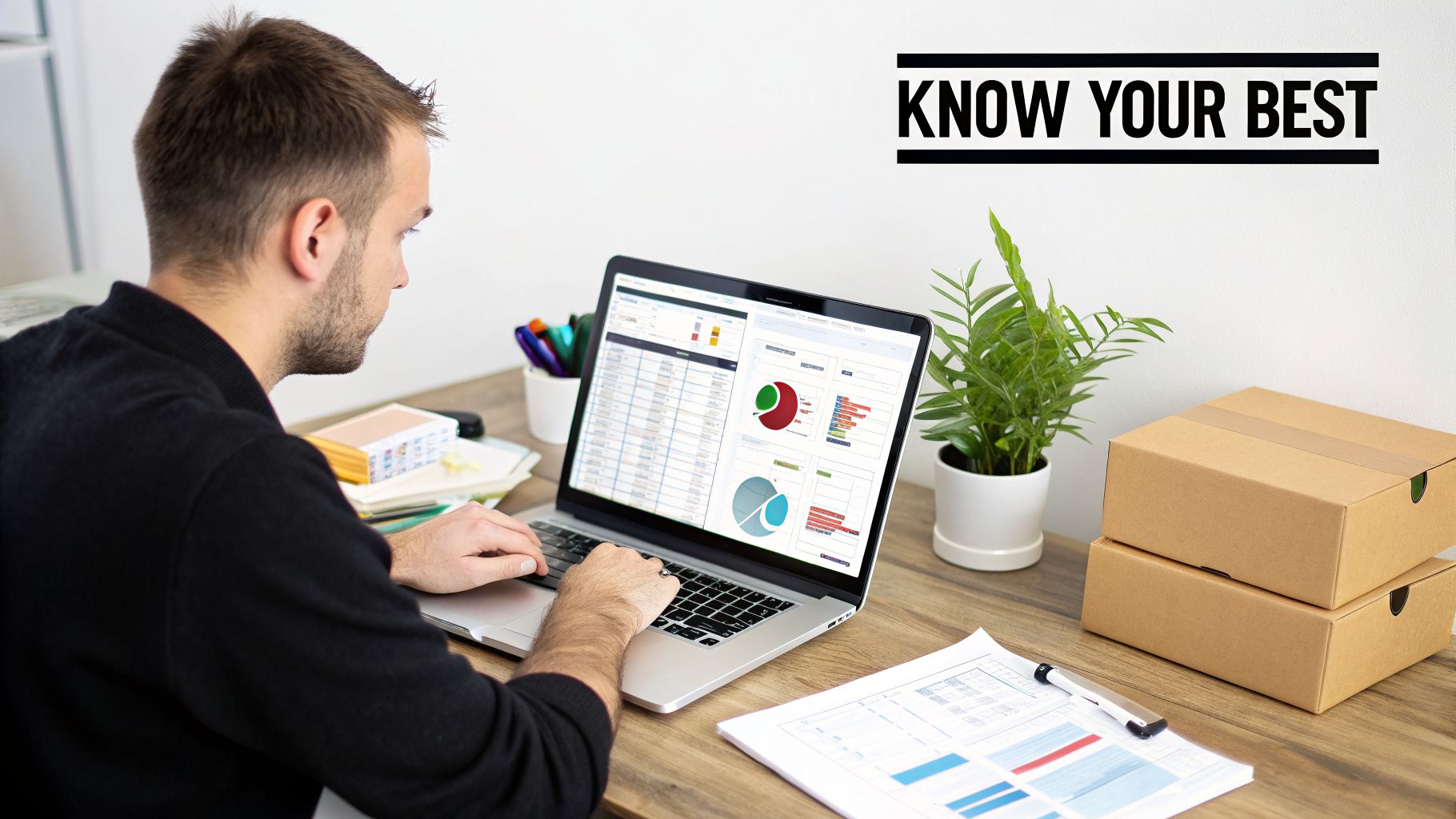 A man analyzes data and visualizations on a laptop screen, with charts and graphs visible.