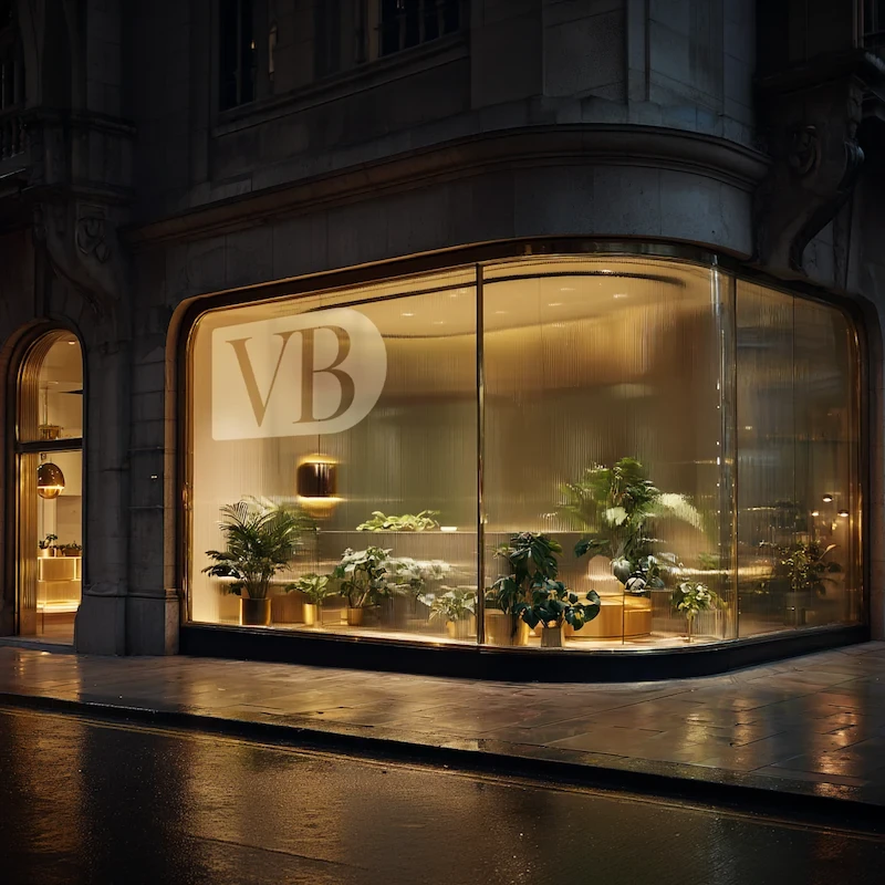 Glass storefront with "VB" logo in window