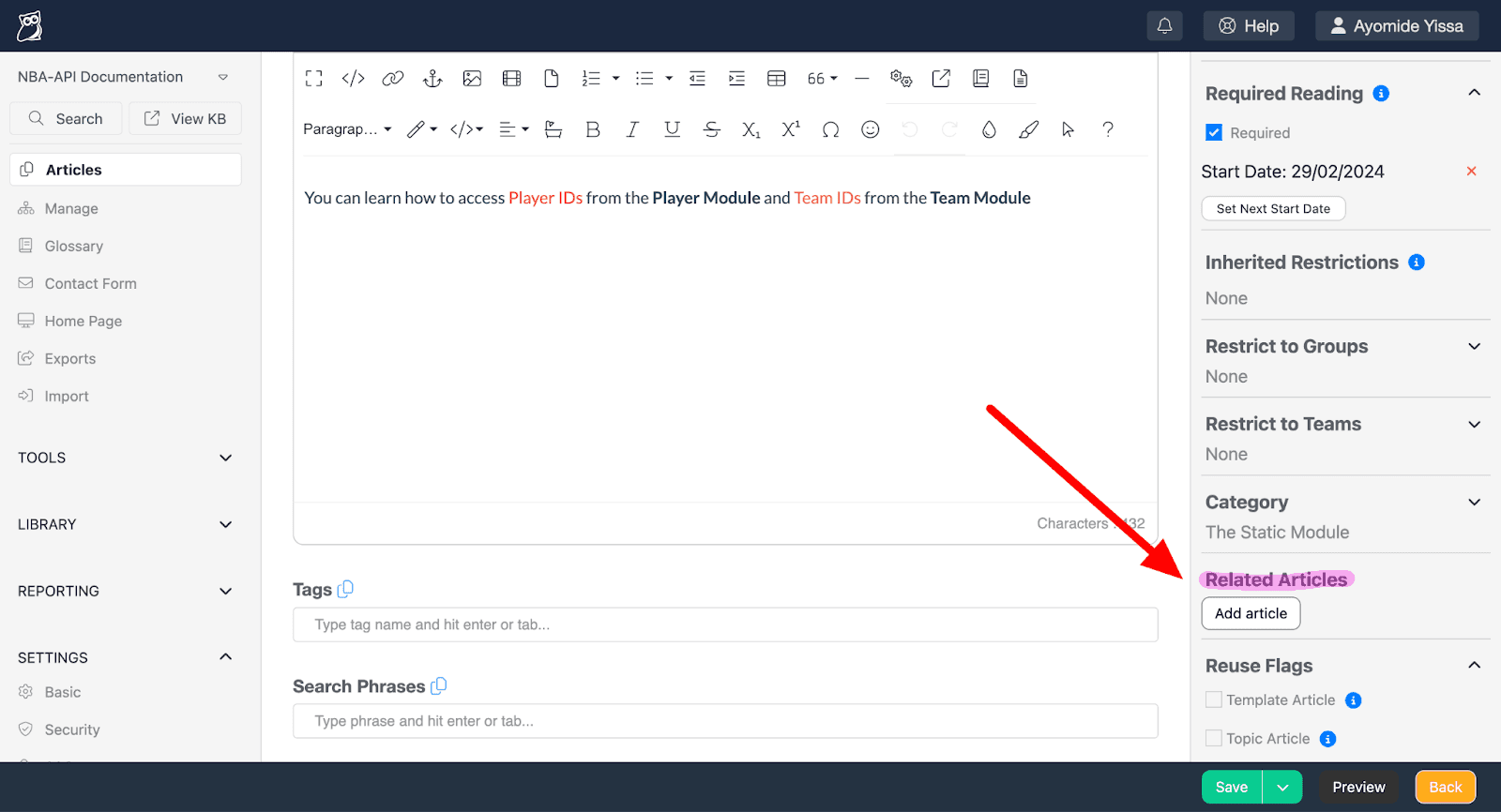 A screenshot highlighting the "Related Articles" section of the righthand column of the article editor in KnowledgeOwl.
