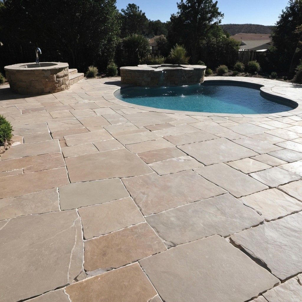 Luxury flagstone pool deck with white calcium deposits 