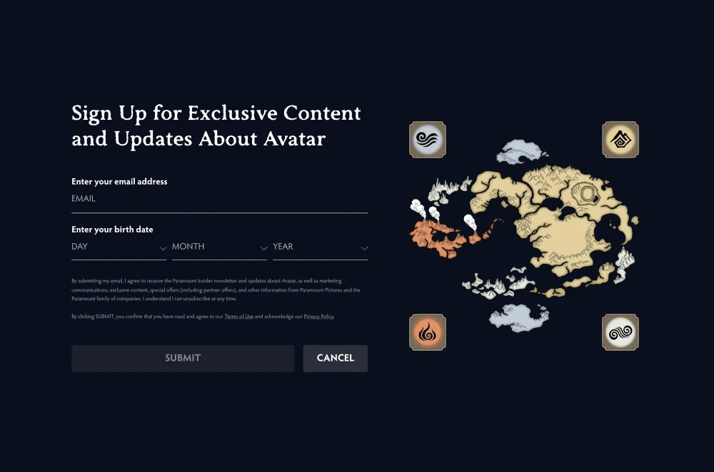 Newsletter sign-up form for Avatar updates, positioned next to an illustrated map of the four nations.