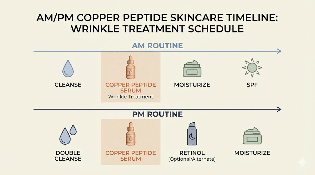 Daily copper peptide skincare routine for wrinkles showing morning and evening application steps