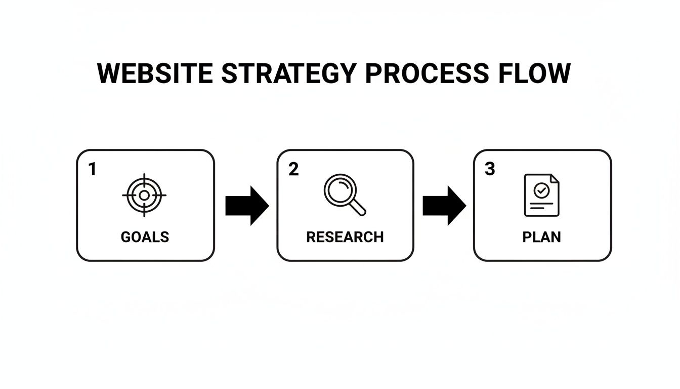 A three-step website strategy process flow diagram showing goals, research, and plan.