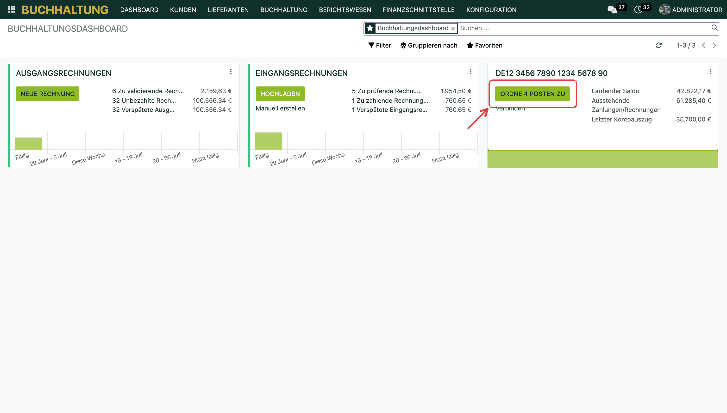 Einstieg über die Bankkachel im Buchhaltungsdashboard.