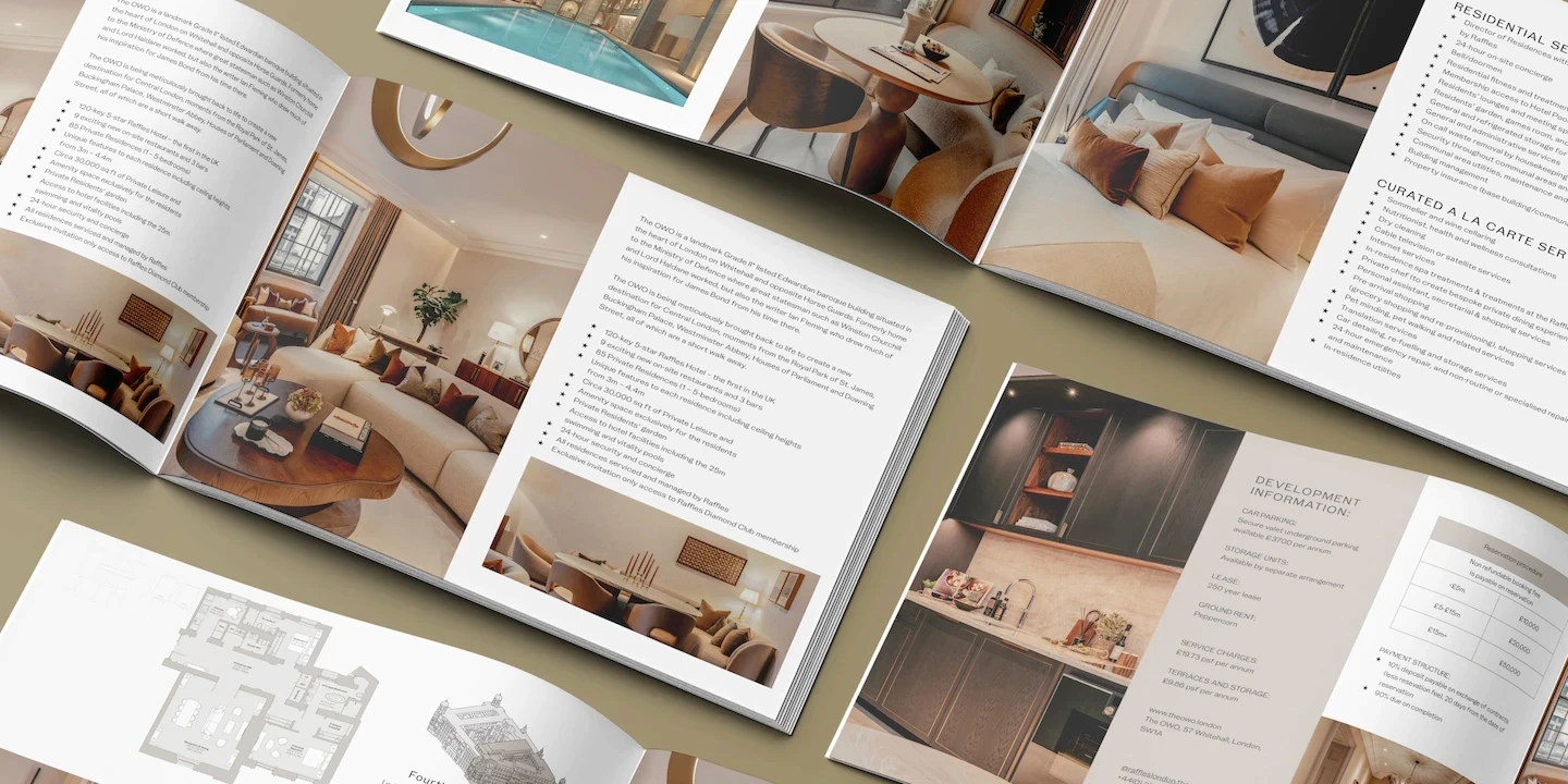 Premium property sales brochure spreads showing room photography, floorplans and key residential features for The OWO Residences.