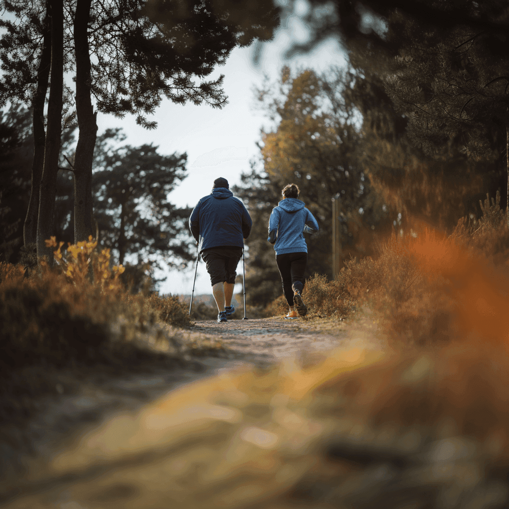 Zwei übergewichtige Personen joggen durch die Heide