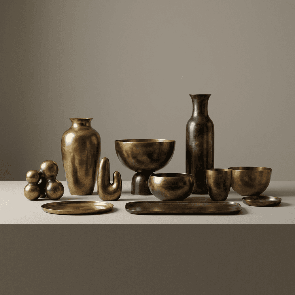 Three golden geometric shapes: a sphere, a tall rectangle, and a cube, arranged on a stone platform.