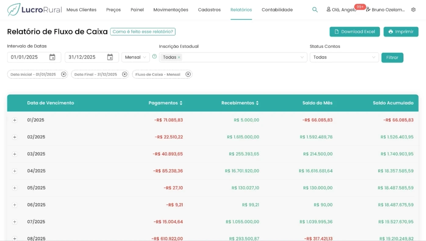 print da tela de fluxo de caixa