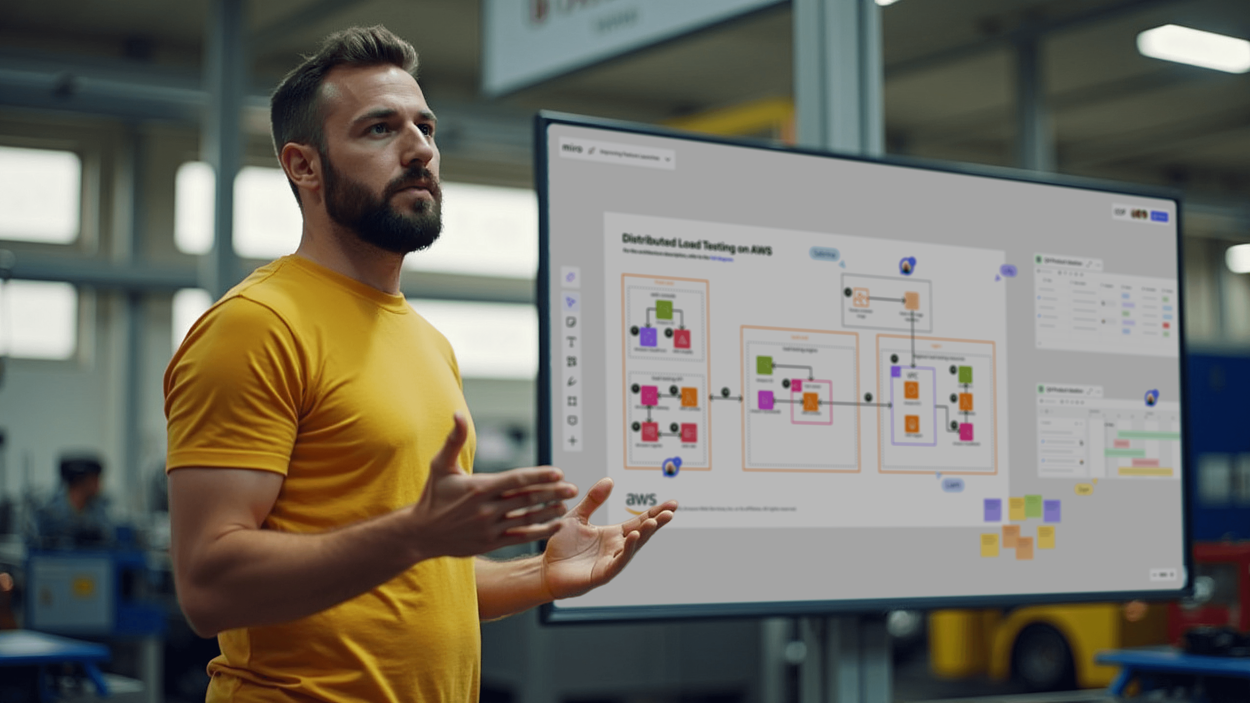 A person in a yellow shirt stands in an industrial setting, gesturing towards a digital display showing a Miro board with a complex workflow of distributed load testing on AWS.