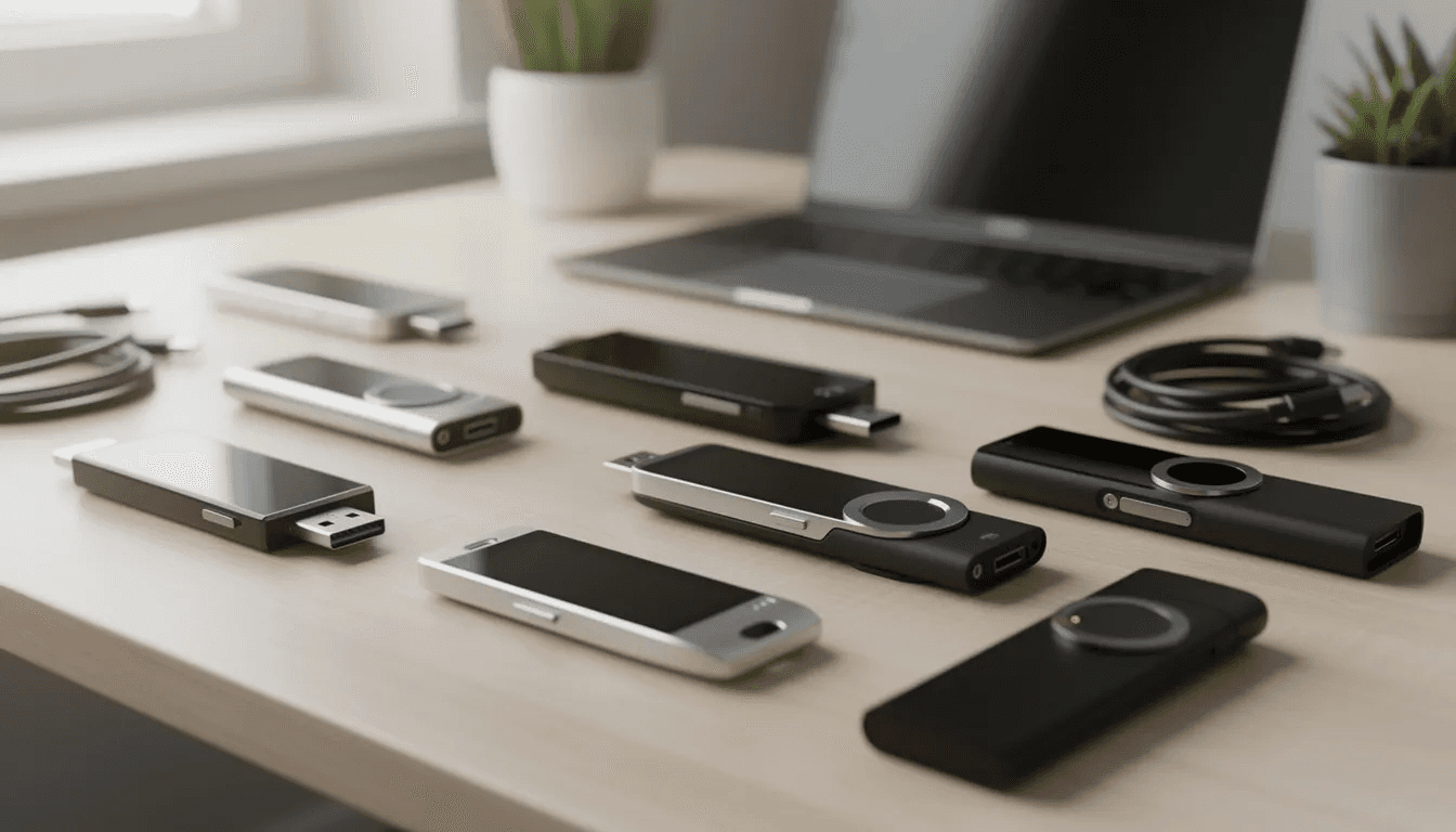 The image features several hardware cryptocurrency wallet devices neatly arranged on a clean desk surface, emphasizing their role in securely managing digital assets. These wallets are essential tools for investors looking to buy and sell large amounts of crypto while navigating the volatile market and ensuring the safety of their funds.