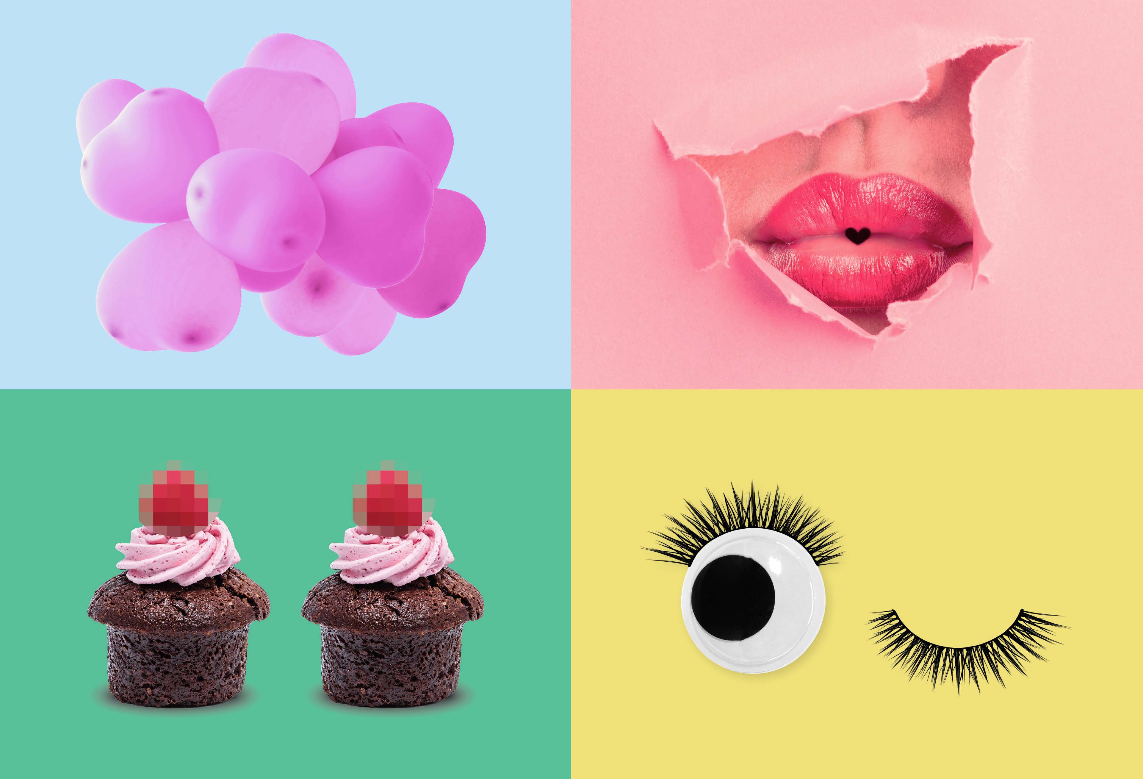 The image is a four-quadrant collage. The top left quadrant shows a cluster of pink, round objects against a light blue background. The top right quadrant depicts a pair of lips with red lipstick and a torn piece of pink material. The bottom left quadrant contains two chocolate cupcakes with pink frosting and red square decorations on top. The bottom right quadrant displays a single eye with a black pupil, a white sclera, and long, black eyelashes against a yellow background.