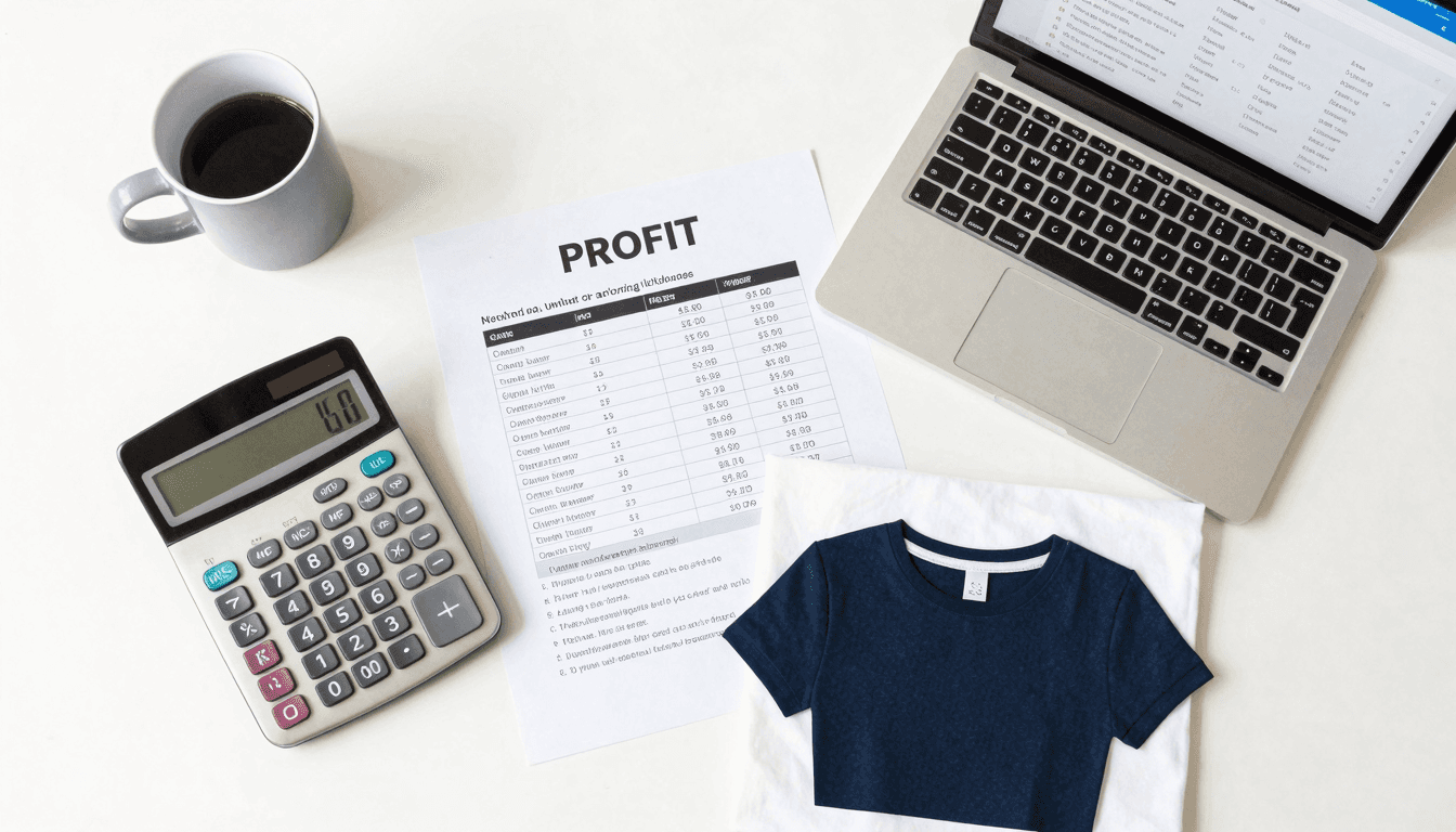 Etsy profit calculator on a desk with product samples