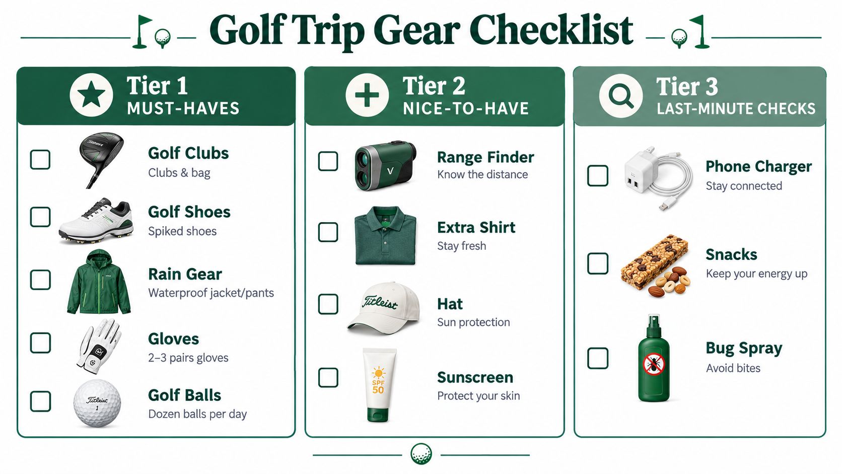 A comprehensive checklist for a golf trip organized by must-haves, nice-to-have items, and last-minute gear checks.