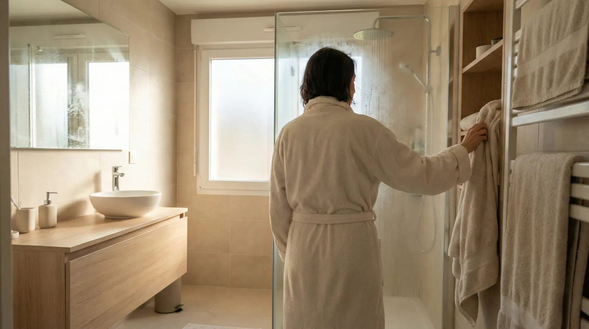 Personne en peignoir beige prenant une serviette dans une salle de bain moderne avec douche à l'italienne.