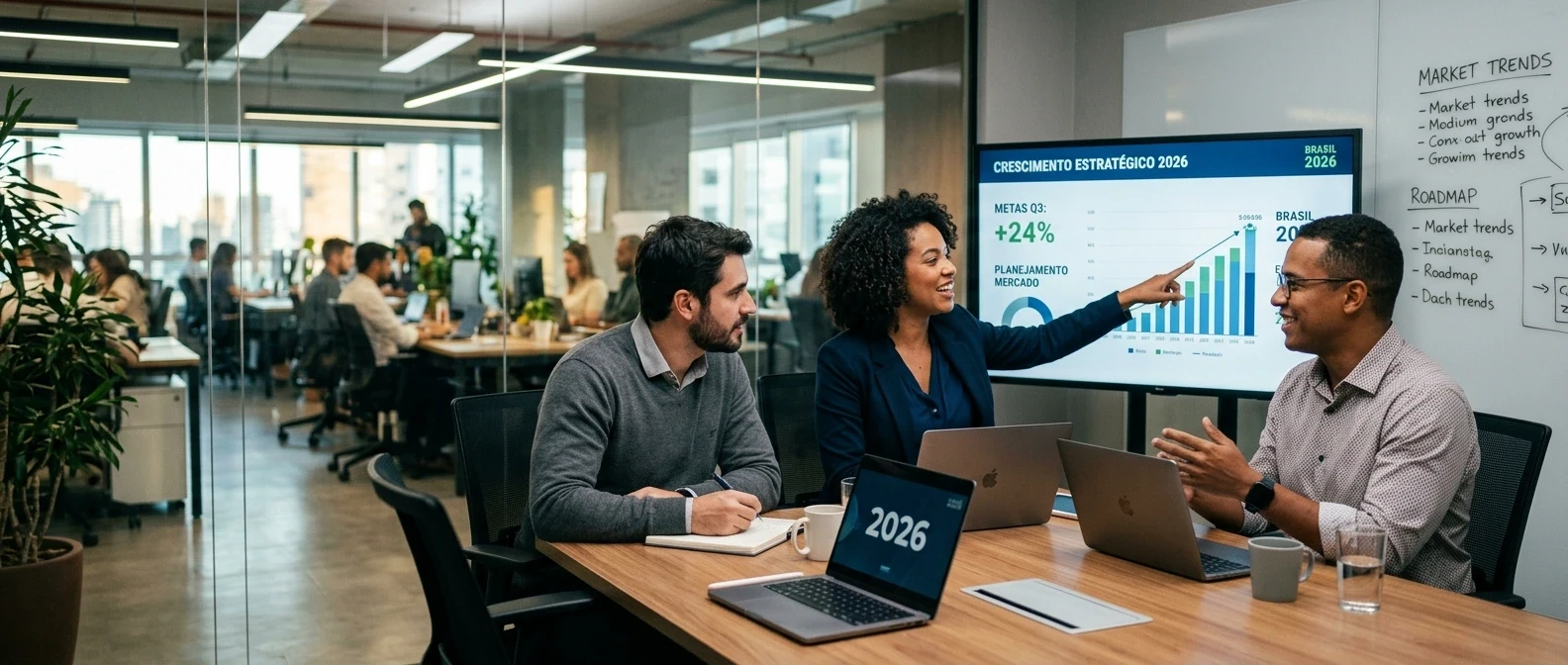 Equipe de profissionais brasileiros reunida em sala de reunião moderna analisando dados estratégicos em tela, representando planejamento estruturado para crescer no mercado de Uberlândia