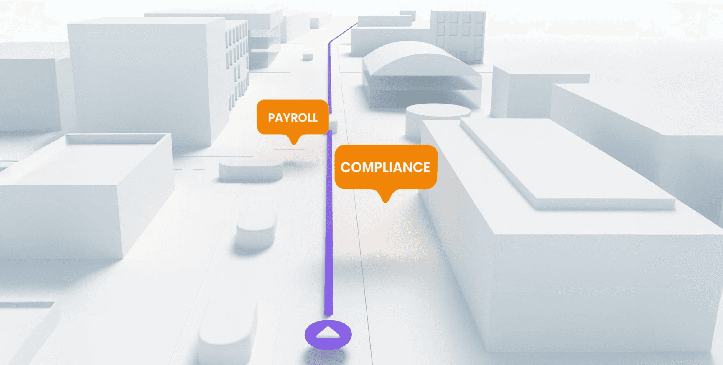 3D cityscape with a purple path labeled "Payroll" and "Compliance," indicating a route through abstract buildings.
