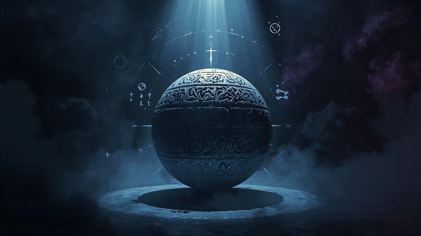 Symbolic cinematic composition showing a large stone sphere with intricate carvings surrounded by abstract icons