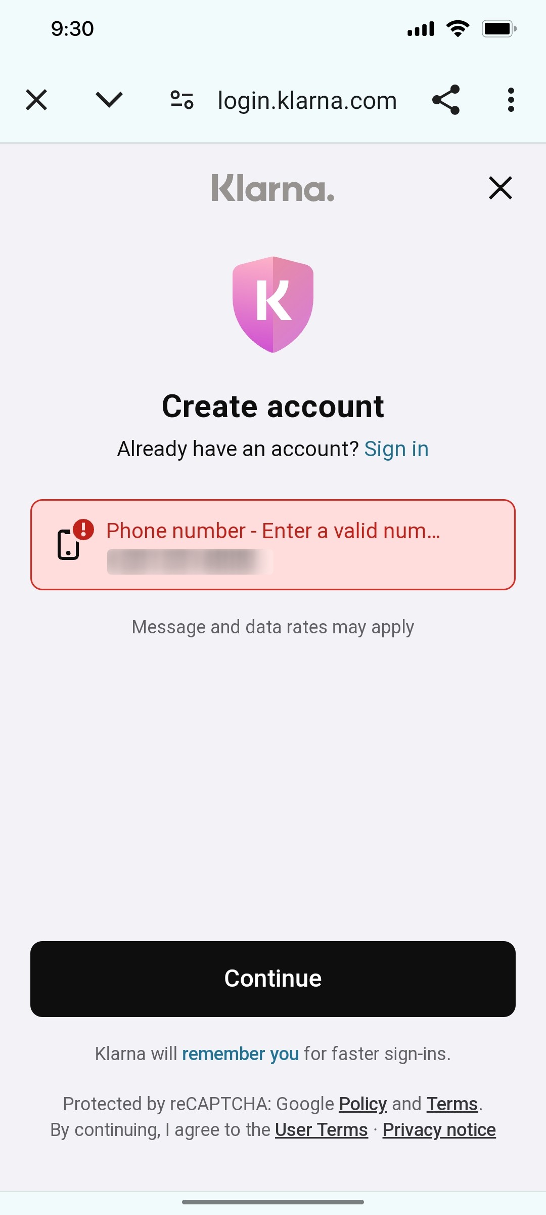 Klarna Enter Valid mobile Number Screen
