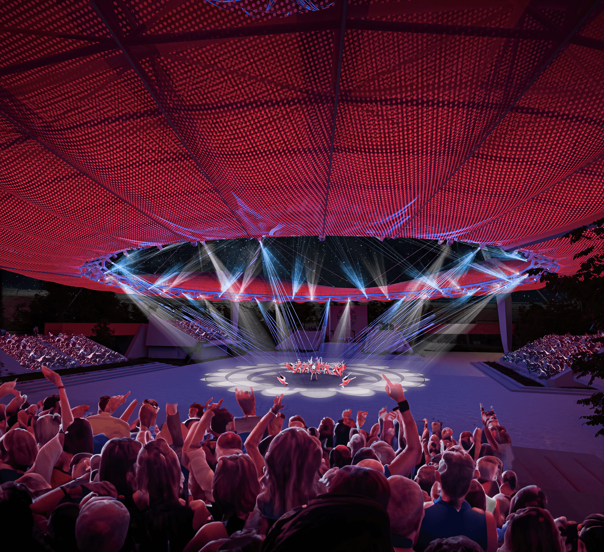 The undulating steel space truss structure illuminates the stage with its integrated lighting equipment.
