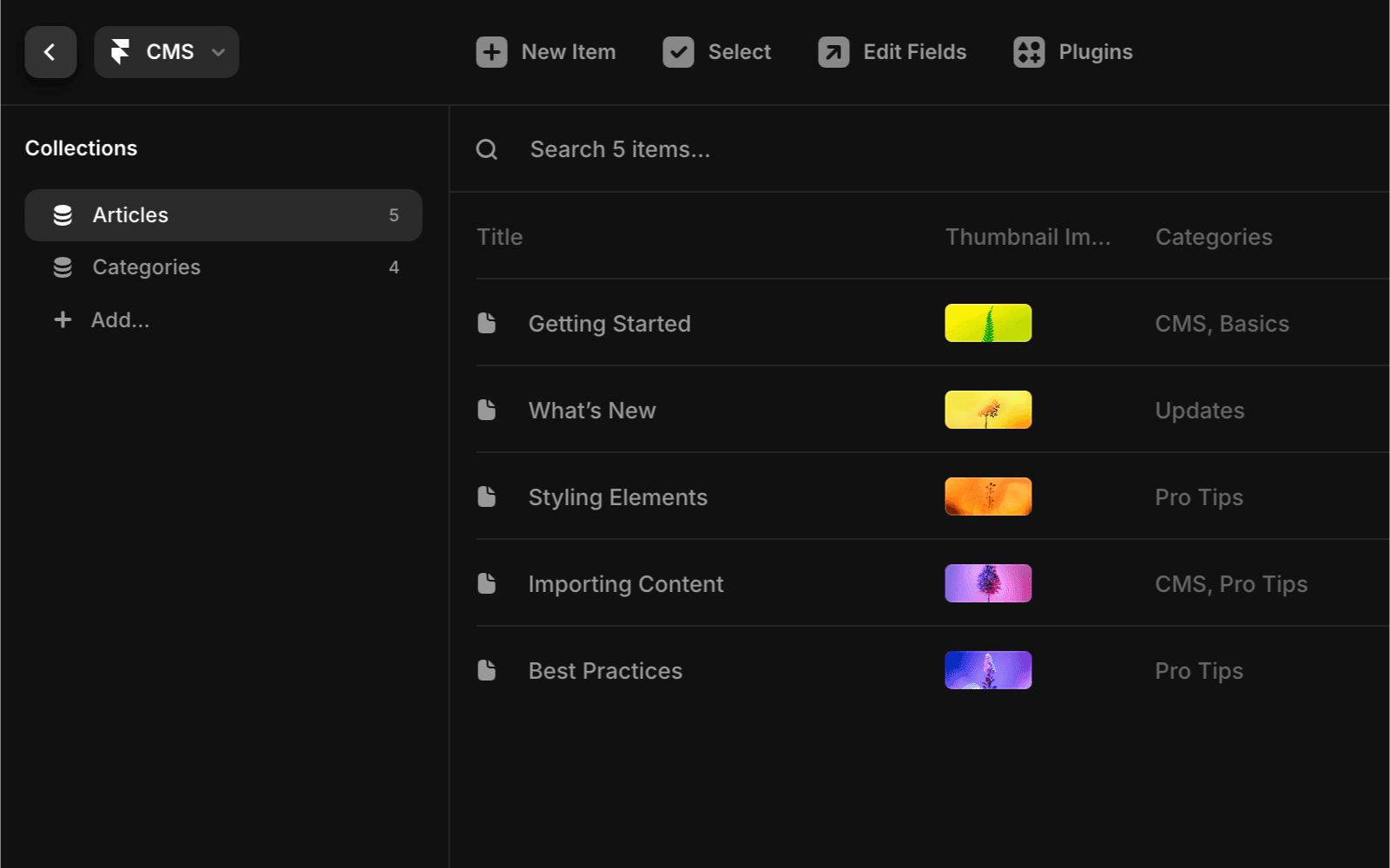 Framer CMS interface with the Collections panel, displaying options for Articles and Categories.