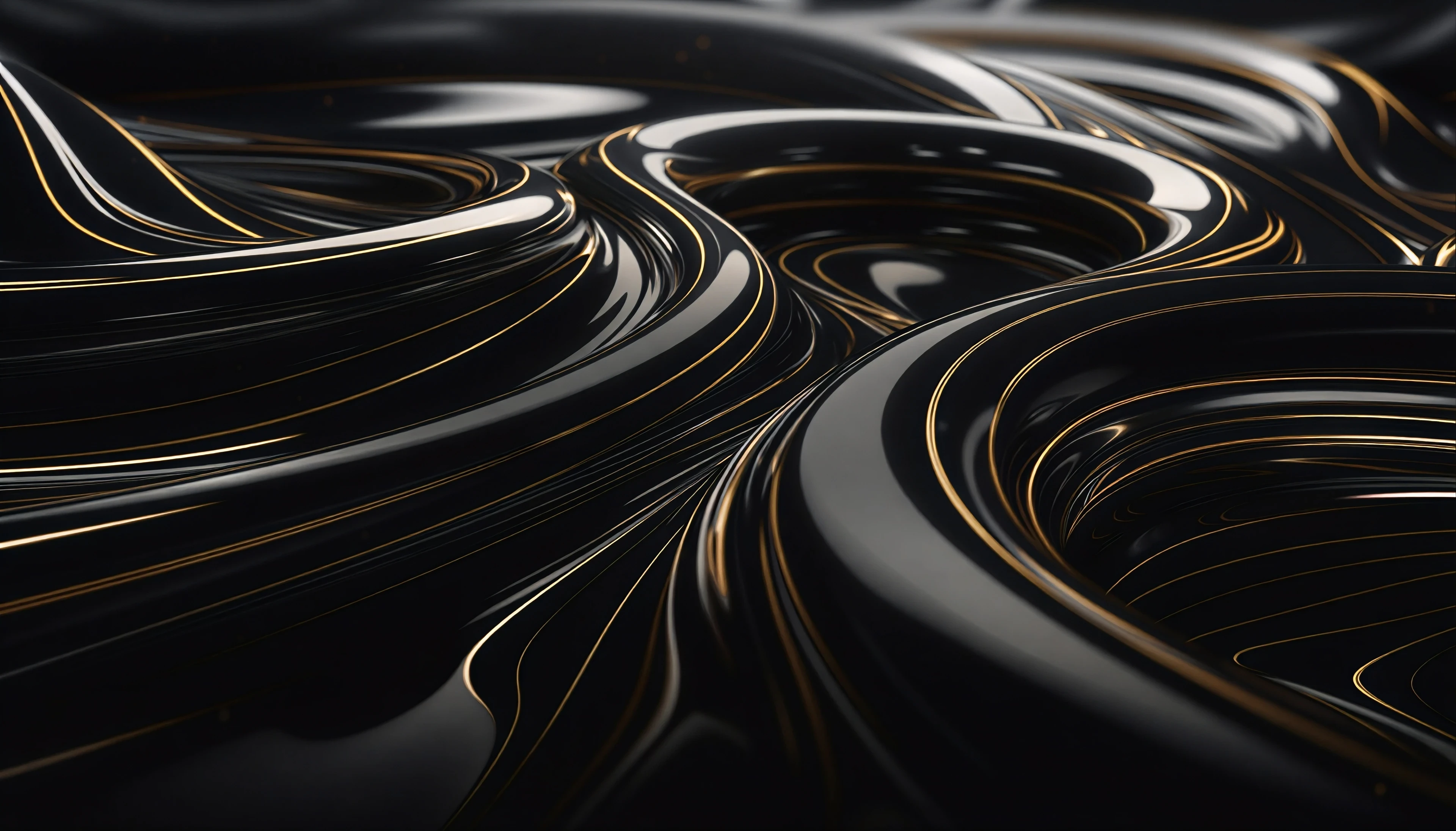 Swirling black and white metallic lines with orange accents create a dynamic abstract design pattern.