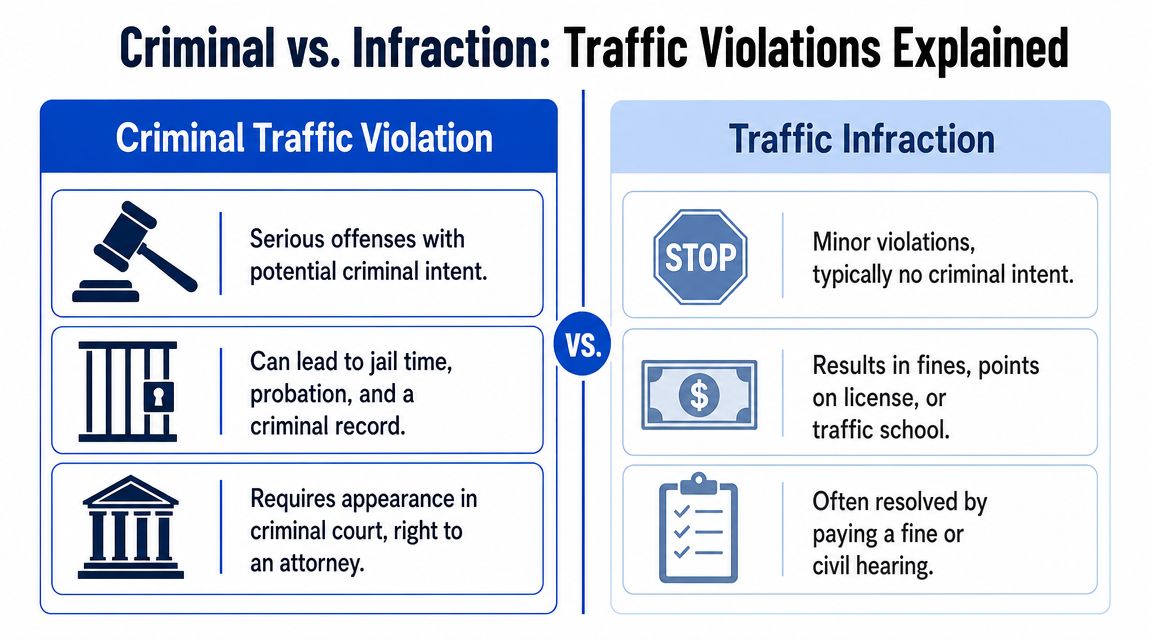 A comparison chart showing the differences between serious criminal traffic violations and minor traffic infractions.