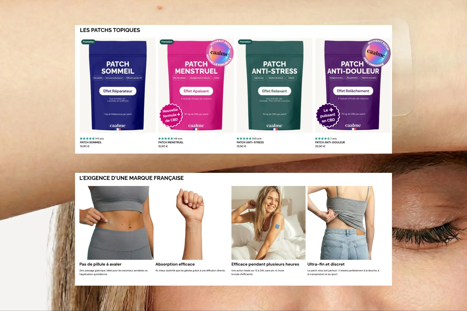 Refonte de la homepage Caalme avec catalogue patchs topiques et section réassurance marque française