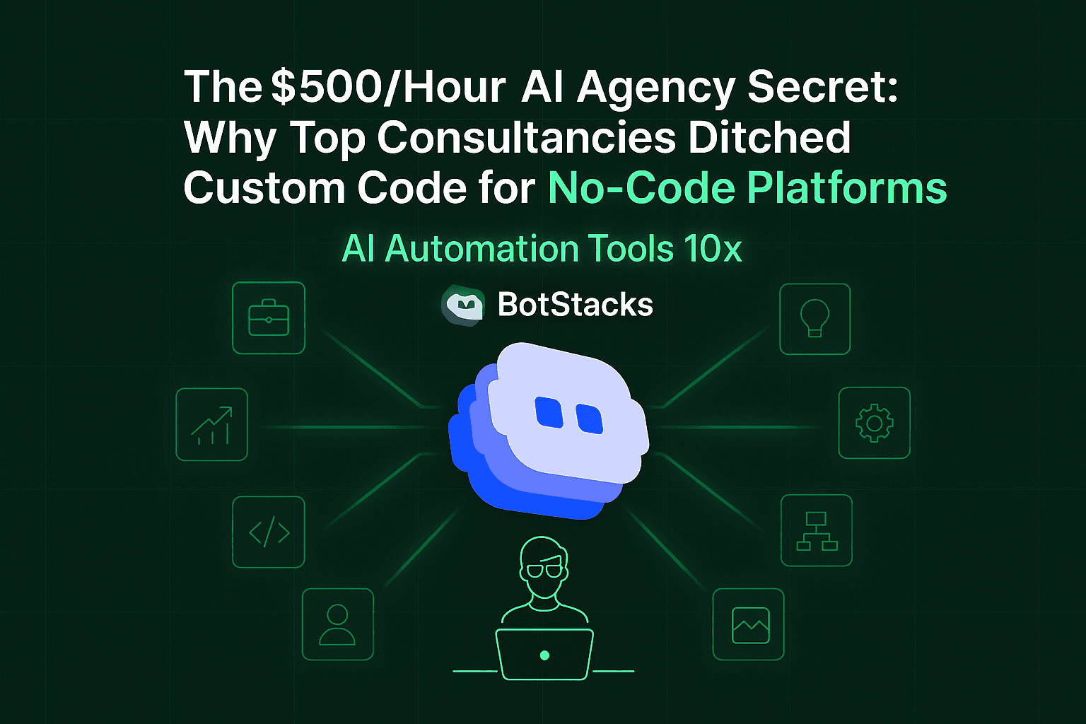 Dark green tech-style graphic featuring the headline “The $500/Hour AI Agency Secret: Why Top Consultancies Ditched Custom Code for No-Code Platforms” and sub-headline “AI Automation Tools 10x.” Centered below is the BotStacks logo—a layered chat-bubble icon—radiating neon green lines toward eight minimal line icons (briefcase, chart, code bracket, user, light bulb, gear, flowchart, and image). At the bottom, a simple outline of a person working on a laptop suggests streamlined AI automation work.