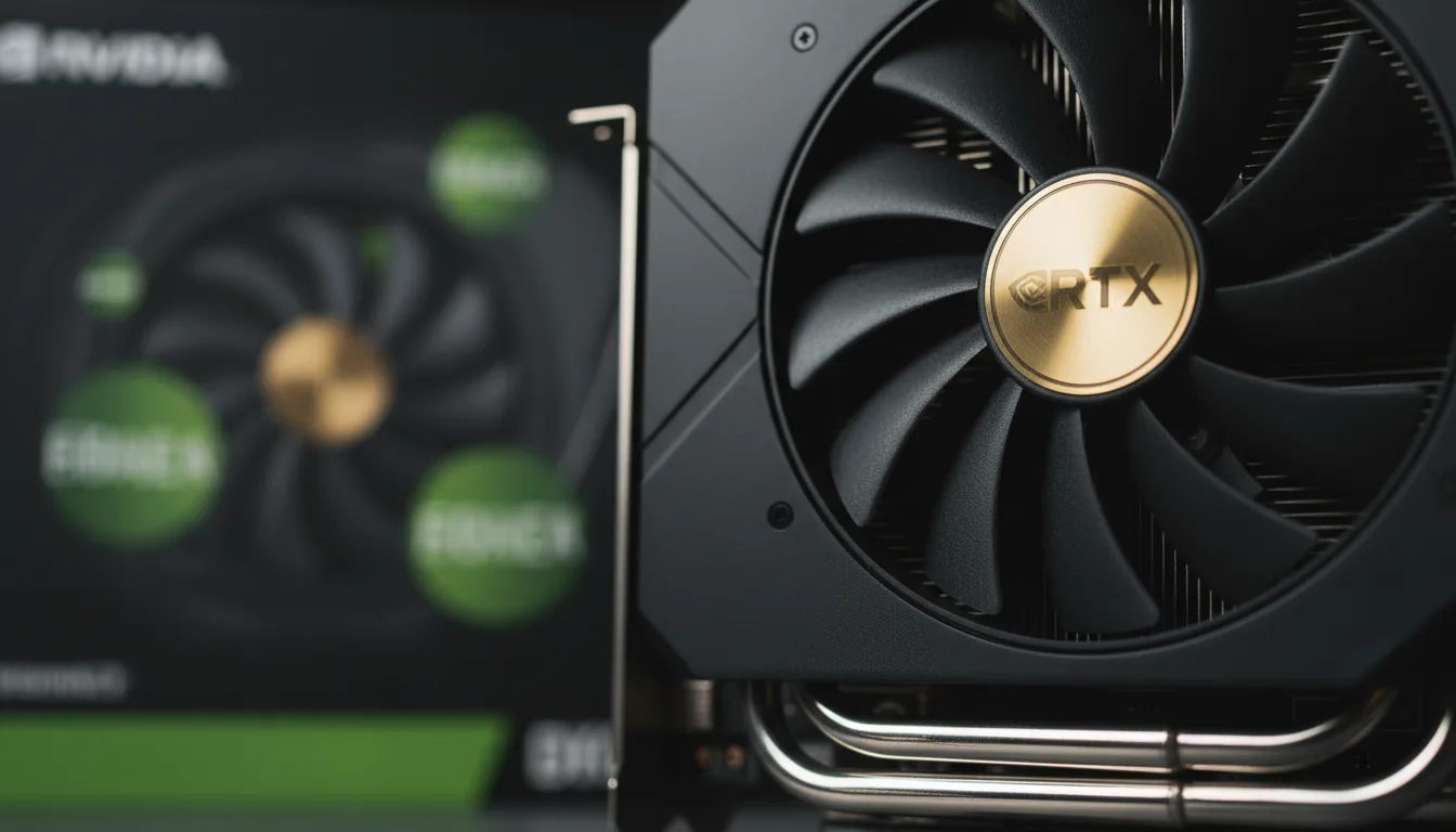 Macro DSLR photograph of a modern black Nvidia GeForce RTX graphics card under soft studio lighting. The camera is focused with an extremely shallow depth of field on the nearest cooling fan, highlighting its matte black plastic texture and a central gold emblem. A polished chrome heat pipe is visible at the bottom of the frame. The background is composed of the heavily blurred black and vibrant green product box, creating a strong bokeh effect with out-of-focus white abstracted text.