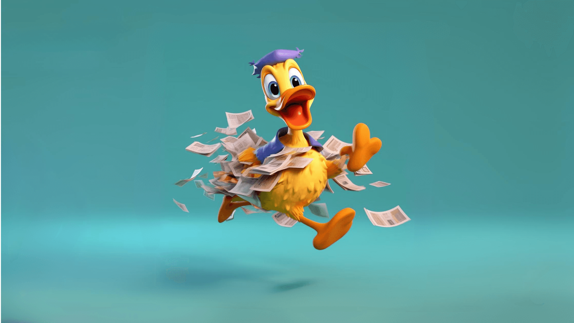 Midjourney: duck carrying tons of paper running super quickly, visible sweat, incredible speed, in a disney animation 3d rendered style, happy upbeat color palette