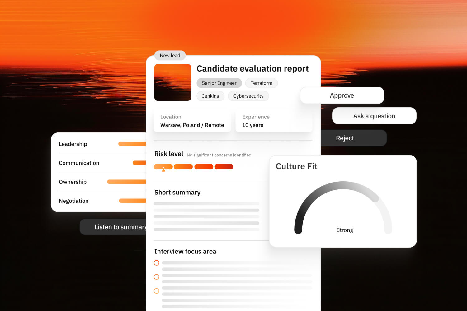 Candidate evaluation report interface showing skills assessment, culture fit score, and interview focus areas, displayed against an abstract orange and black background.