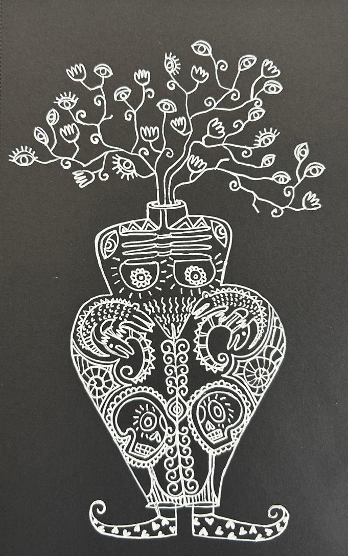 herd of sheep on road painting